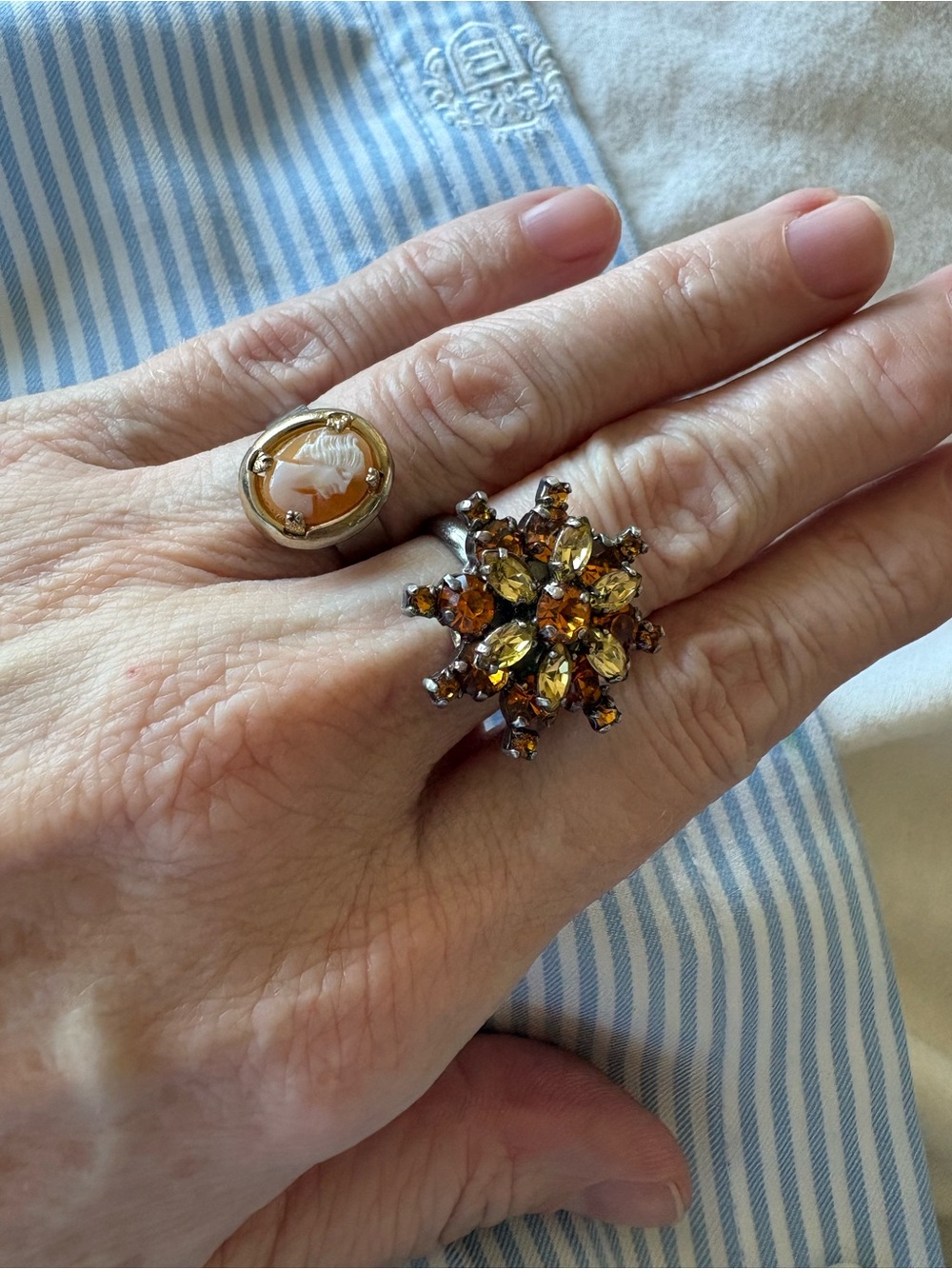 Set of two rings made from vintage clip earrings. Size adjustable.